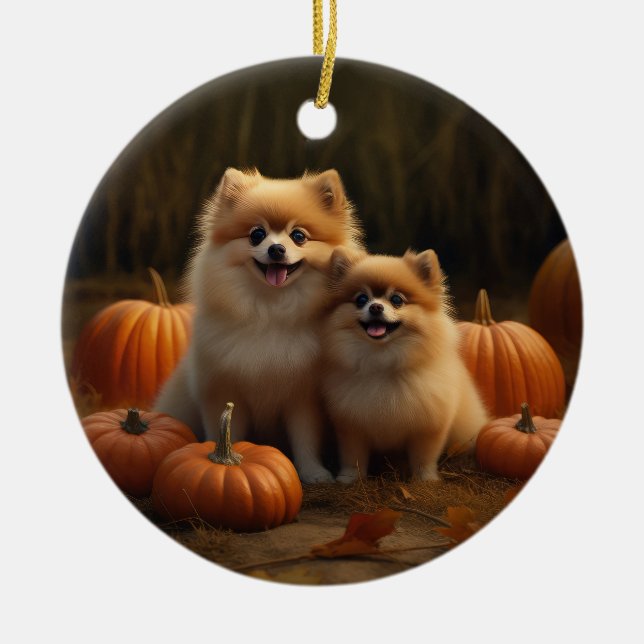 Pomeranian-valp Höstglädje Pumpa Julgransprydnad Keramik (Framsidan)