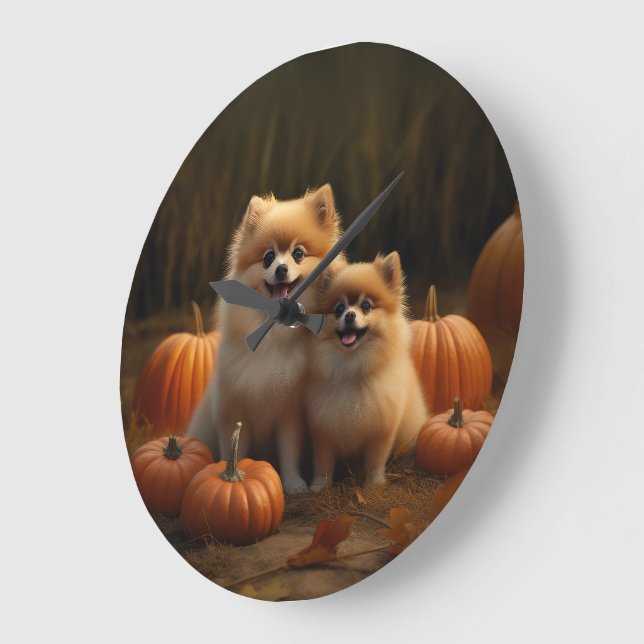 Pomeranian Valp Höstglädje Pumpa Stor Klocka (Vinkel)