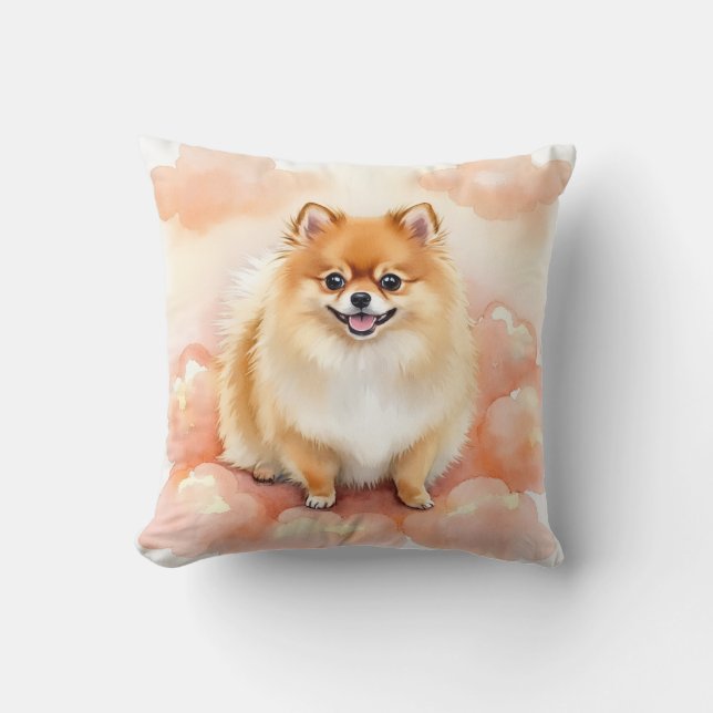 Pomeranian Vattenfärg Moln Puff Konst Kudde (Framsida)