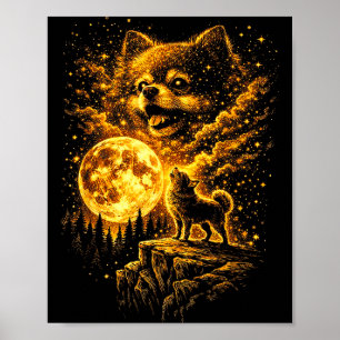 Pomeranian ylar mot månen vintage 90s rolig poster