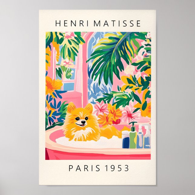 Pomeranska i badkar, Hund Art Print, Rosa Dopamin Poster (Framsidan)