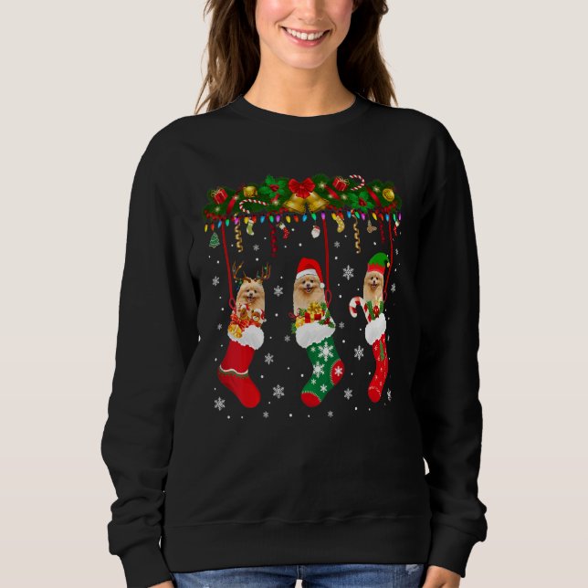 Pomeranska i Sock Julafton Reindeer Santa Elf Hund T Shirt (Framsida)