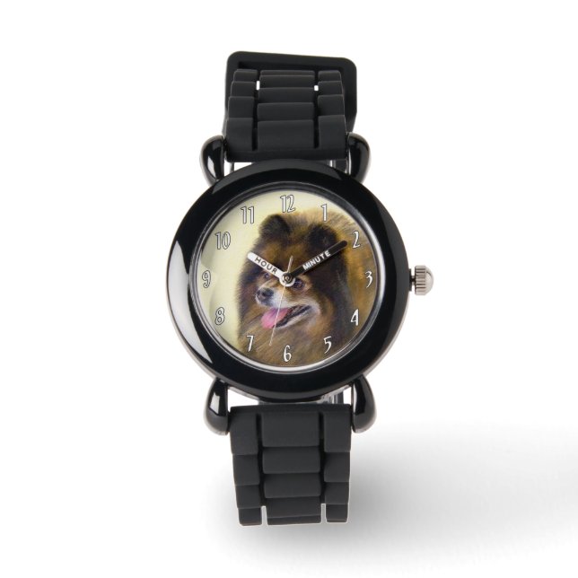 Pommern Black and Tan Painting Original Hund Art Armbandsur (Framsida)