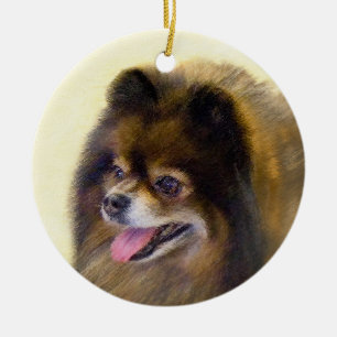 Pommern Black and Tan Painting Original Hund Art Julgransprydnad Keramik
