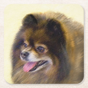 Pommern Black and Tan Painting Original Hund Art Underlägg Papper Kvadrat