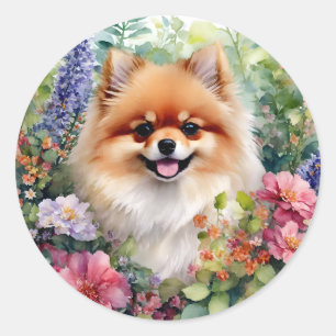 Pommern Blommigt Watercolor Porträtt Runt Klistermärke