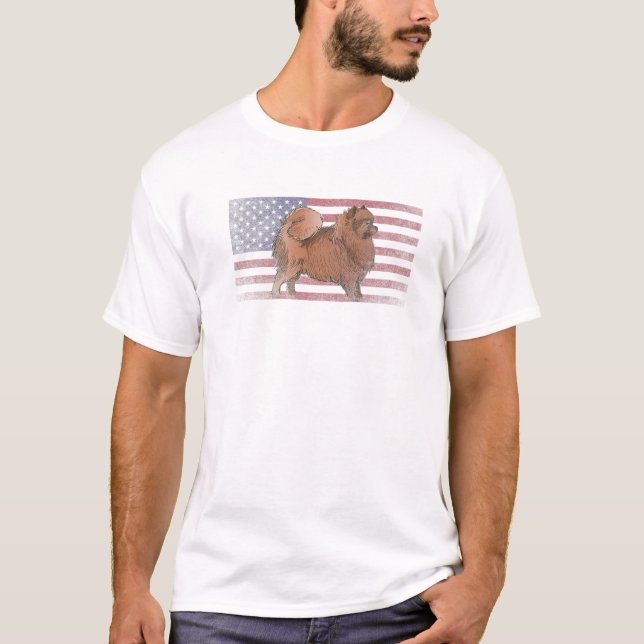 Pommern Hund 4 juli Amerikanska Flagga Förenta sta T Shirt (Framsida)