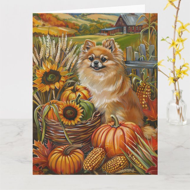 Pommern Hund Autumn Harvest Thanksgiving Kort (Gul blomma)
