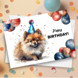 Pommern Hund Balloons och Party Hat Birthday Kort