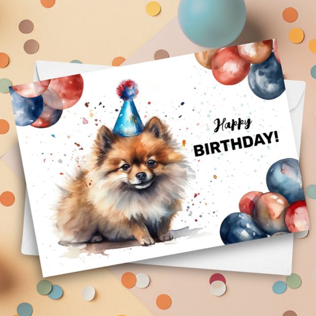 Pommern Hund Balloons och Party Hat Birthday Kort (Skapare uppladdad)