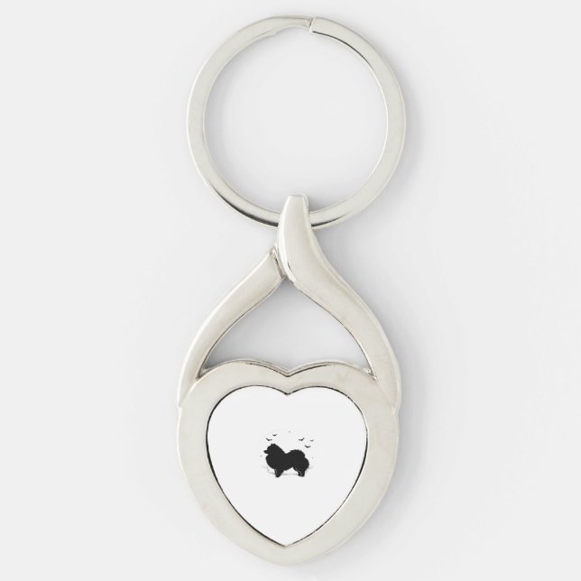 Pommern Hund - Halloween Måne Silhouette Classic Twisted Heart Silverfärgad Nyckelring (Framsidan)