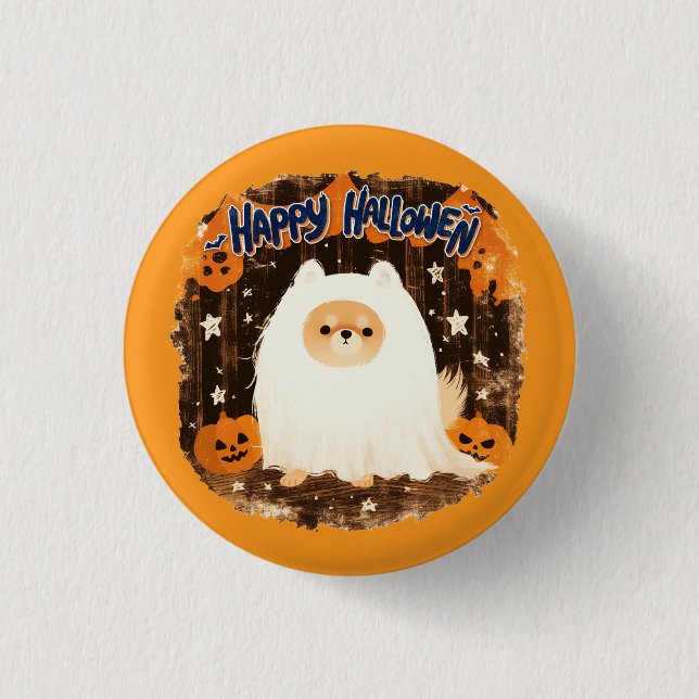 Pommern Hund i Ghost Costume - Happy halloween Knapp (Framsida)
