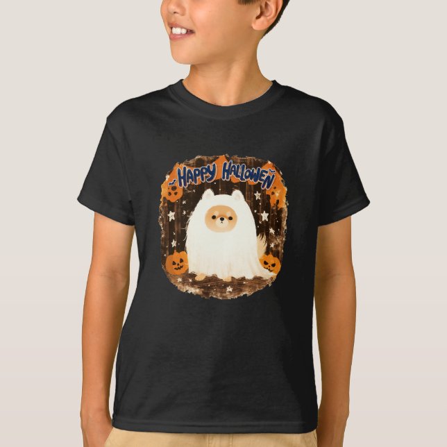 Pommern Hund i Ghost Costume - Happy halloween T Shirt (Framsida)
