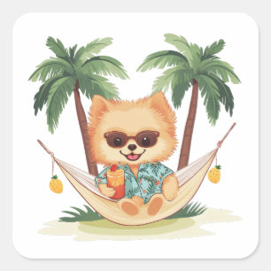 Pommern Hund i Hammock Hawaiian Shirt Fyrkantigt Klistermärke