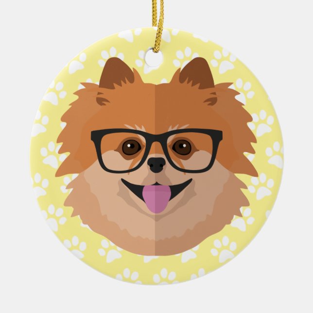Pommern-Hund i NERD-glasen | Cute Hipster Gift Julgransprydnad Keramik (Framsidan)