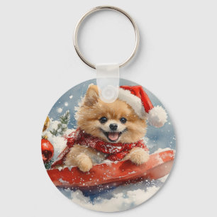Pommern Hund i Sledge Låt det snöa jul Nyckelring
