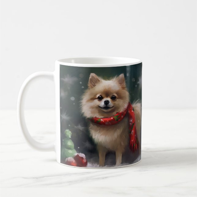 Pommern Hund i Snö jul Kaffemugg (Vänster)