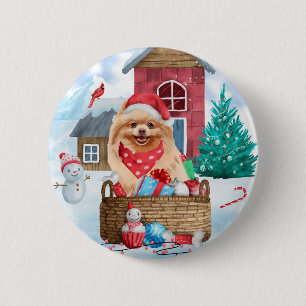 Pommern Hund i snö julhus Hund Knapp