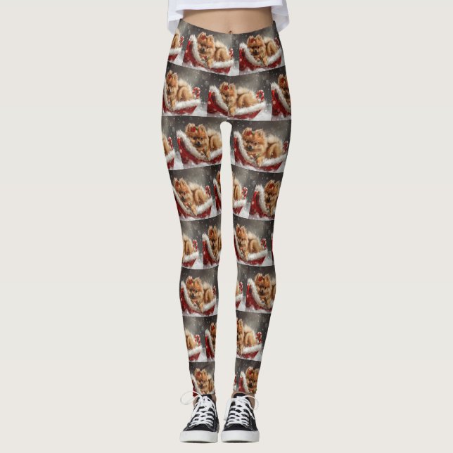Pommern Hund Jul Festive Leggings (Framsida)