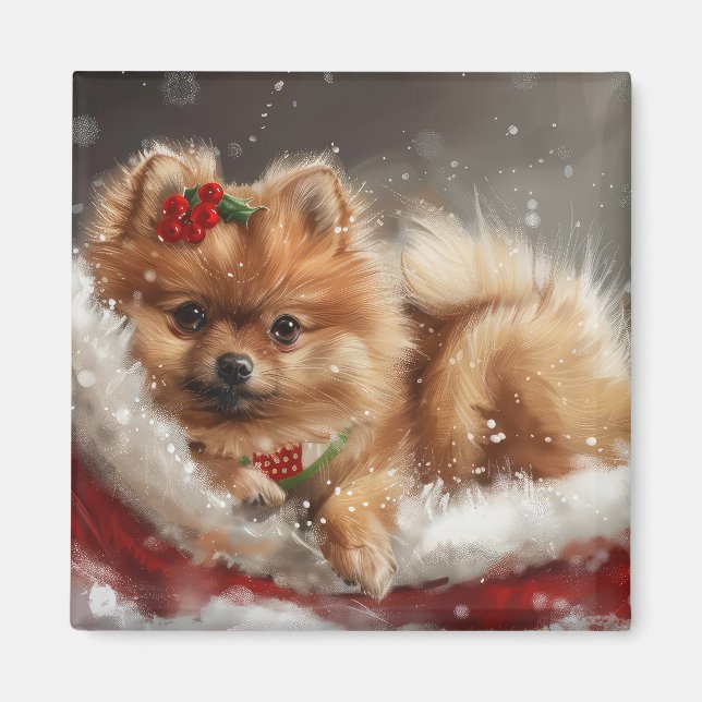 Pommern Hund Jul Festive Magnet (Framsidan)