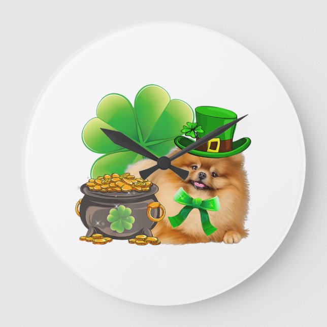 Pommern Hund Shamrock St patricks day Irish Stor Klocka (Framsida)