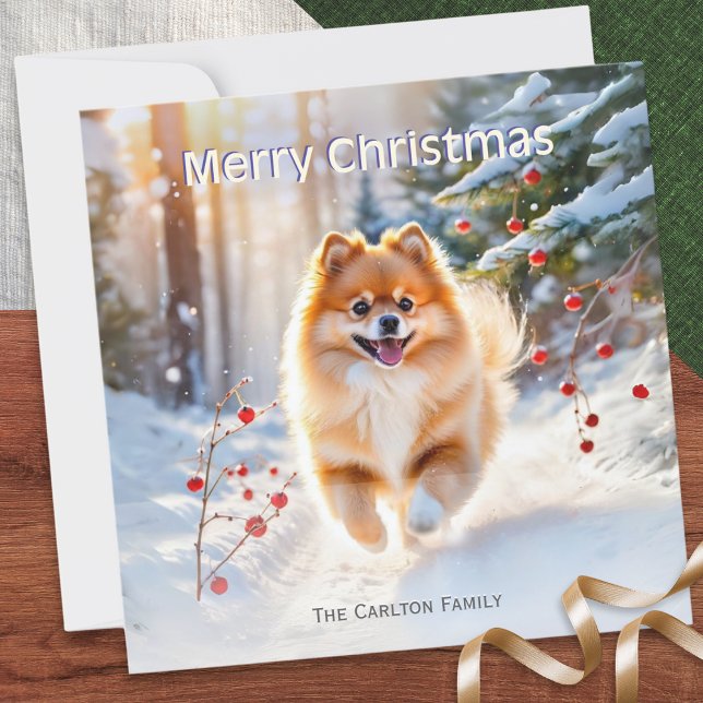 Pommern Hund Snö Bild God jul Julkort (A pretty, personalized Christmas card, with a picture of a cute Pomeranian dog in snow)