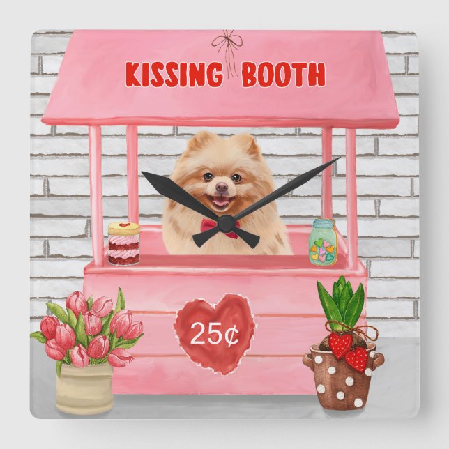 Pommern Hund Valentindagen Kissing Booth Fyrkantig Klocka (Framsida)