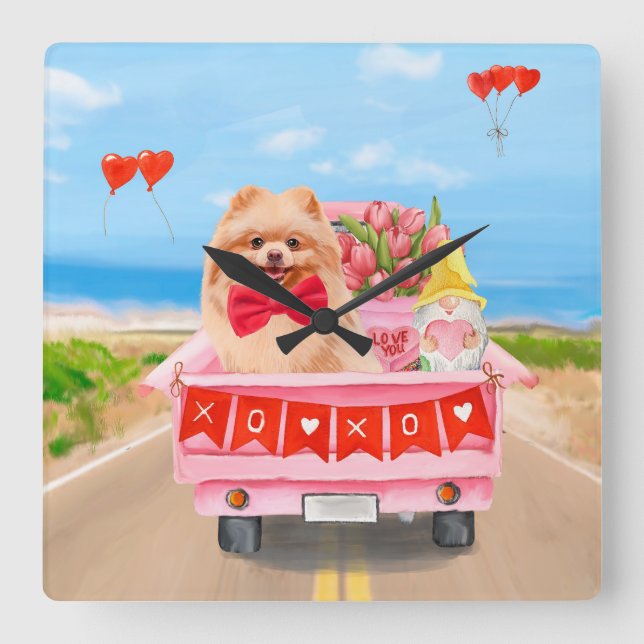 Pommern Hund Valentindagen Lastbil Hearts Fyrkantig Klocka (Framsida)