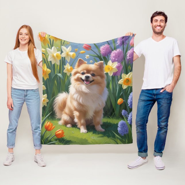 Pommern Hund Vår blommor Painting Fleecefilt (På plats)
