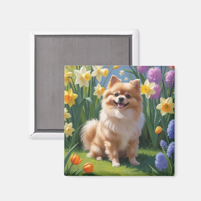 Pommern Hund Vår blommor Painting Magnet (Front/Back)
