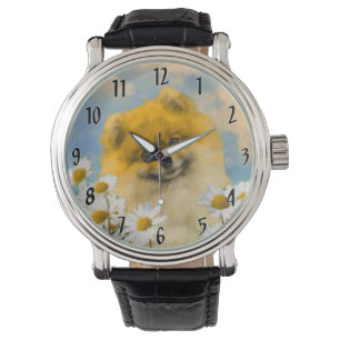 Pommern i Daisy Painting - Original Hund Art Armbandsur