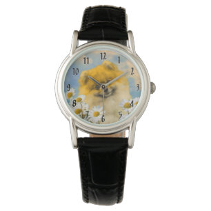 Pommern i Daisy Painting - Original Hund Art Armbandsur