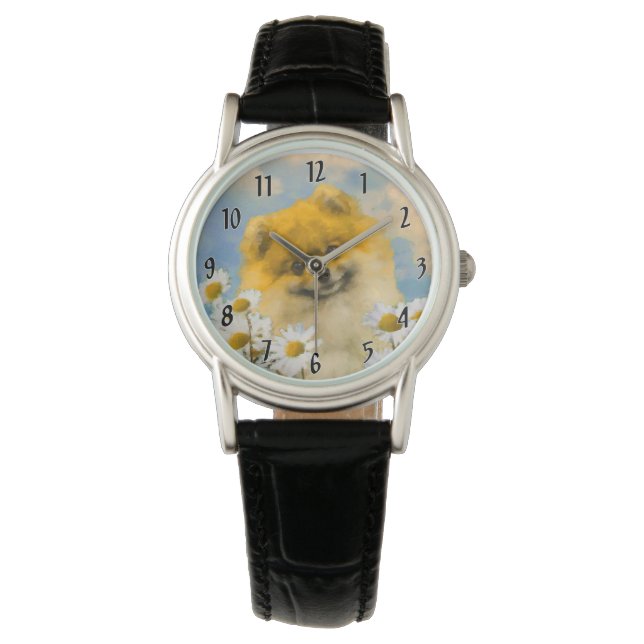 Pommern i Daisy Painting - Original Hund Art Armbandsur (Framsida)