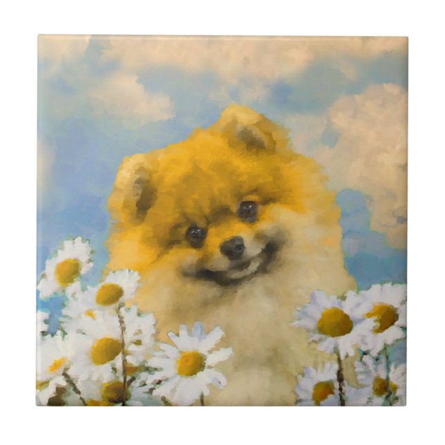Pommern i Daisy Painting - Original Hund Art Kakelplatta (Framsidan)