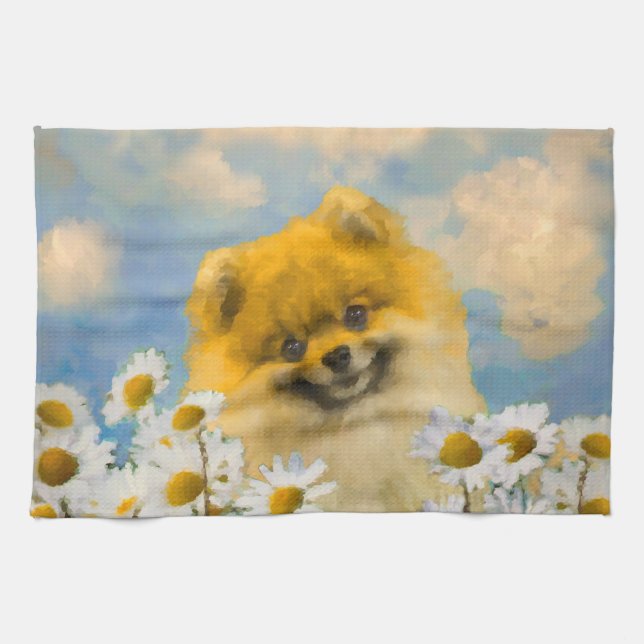 Pommern i Daisy Painting - Original Hund Art Kökshandduk (Horisontell)