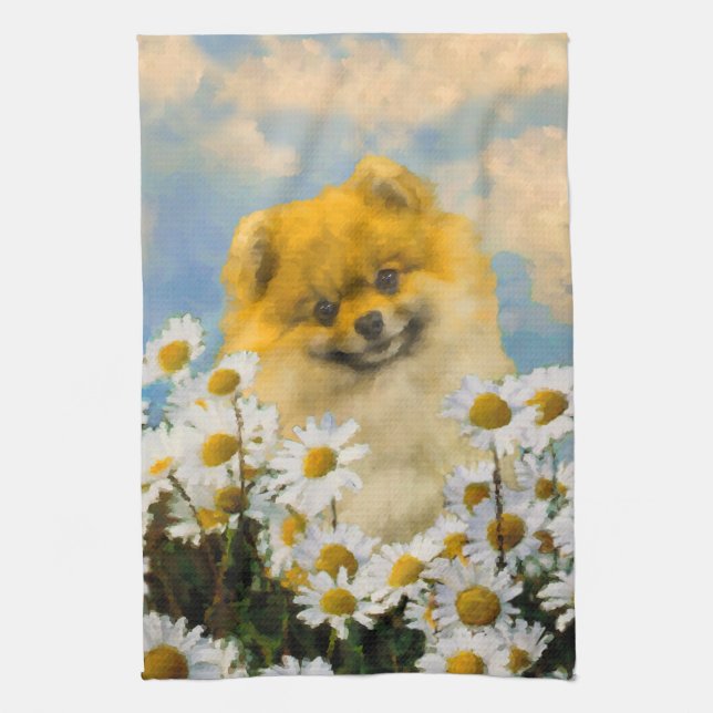 Pommern i Daisy Painting - Original Hund Art Kökshandduk (Vertikal)