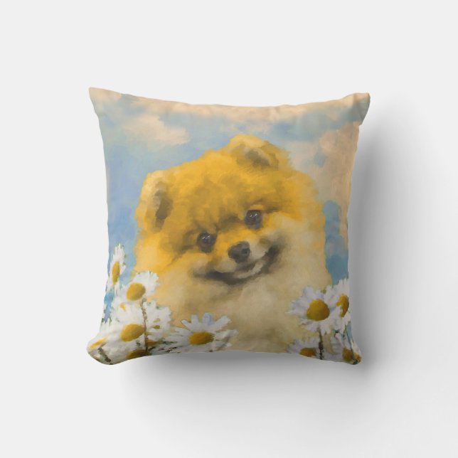 Pommern i Daisy Painting - Original Hund Art Kudde (Framsida)