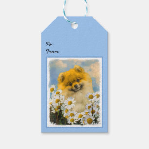 Pommern i Daisy Painting - Original Hund Art Presentetikett
