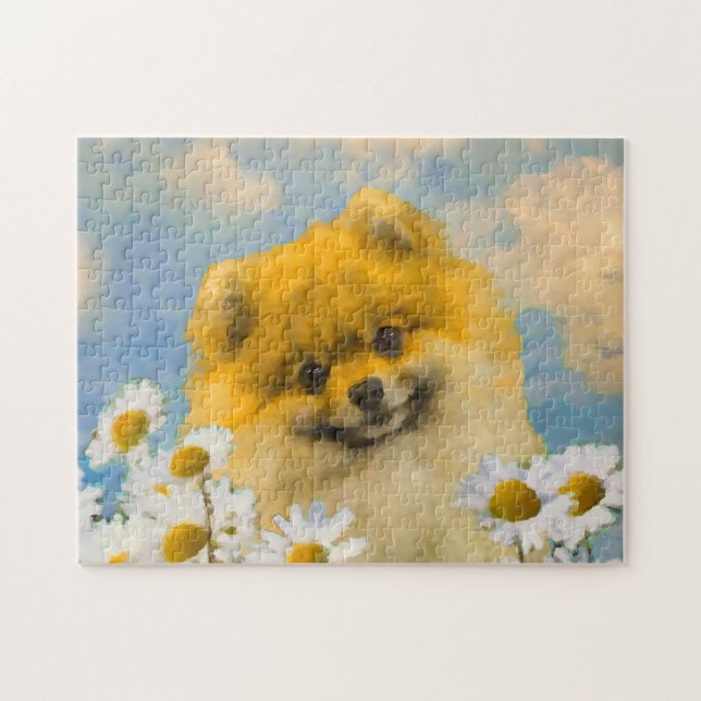 Pommern i Daisy Painting - Original Hund Art Pussel (Horisontell)