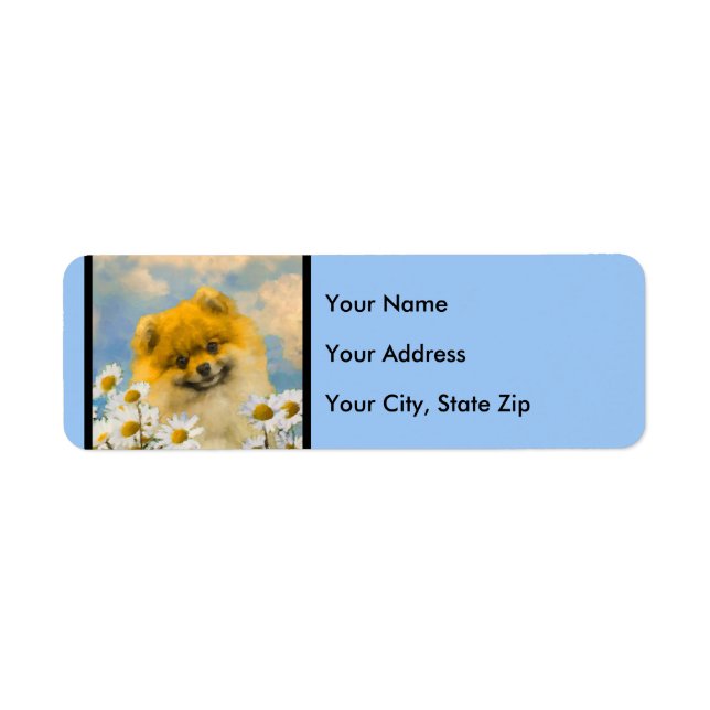 Pommern i Daisy Painting - Original Hund Art Returadress Etikett (Framsidan)