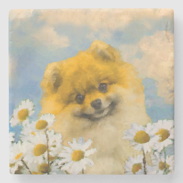 Pommern i Daisy Painting - Original Hund Art Stenunderlägg (Framsidan)