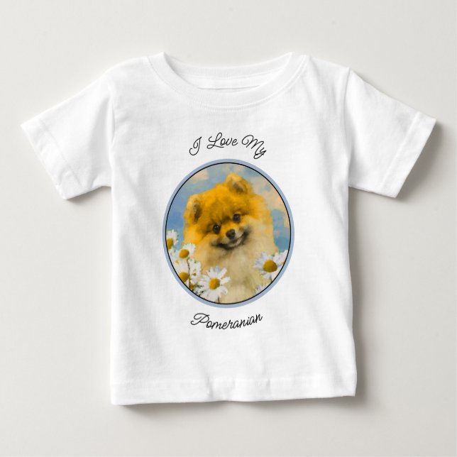 Pommern i Daisy Painting - Original Hund Art T Shirt (Framsida)