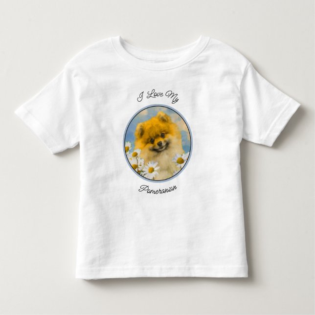 Pommern i Daisy Painting - Original Hund Art T Shirt (Framsida)