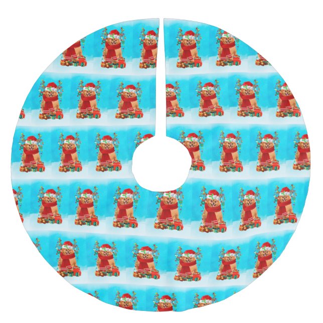 Pommern i snö med julklappar julgransmatta borstad polyester (Framsidan)