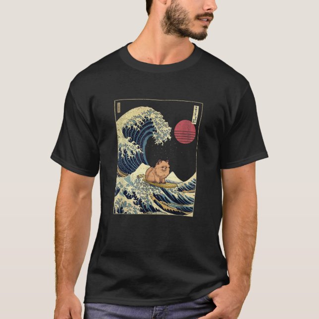 Pommern Japanska Kanagawa Wave Funny Surfa Hund T Shirt (Framsida)