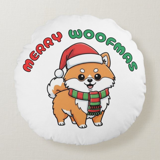 Pommern-julrundan Pillow: Merry Woofmas Rund Kudde (Framsidan)