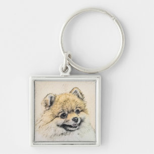 Pommern (Orange) - Original Hund Art Fyrkantig Silverfärgad Nyckelring