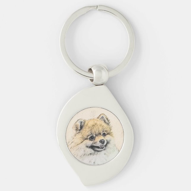 Pommern (Orange) - Original Hund Art Swirl Silverfärgad Nyckelring (Framsidan)