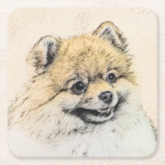 Pommern (Orange) - Original Hund Art Underlägg Papper Kvadrat (Framsidan)