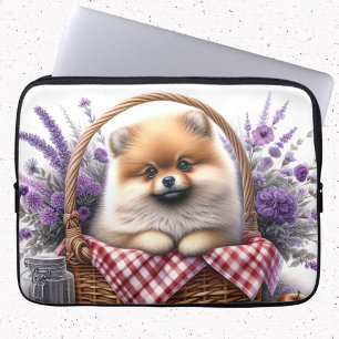 Pommern Puppy Dog Watercolor Wildblomck Picnic Laptop Fodral